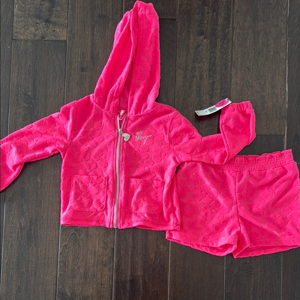 NWT Toddler Girls Betsey Johnson Bright Pink Floral Hoodie Jacket and Shorts Set